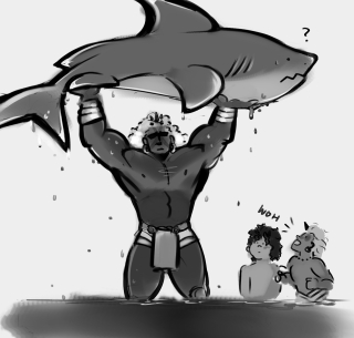 illustration of esi holding up a shark for his childrens amusement